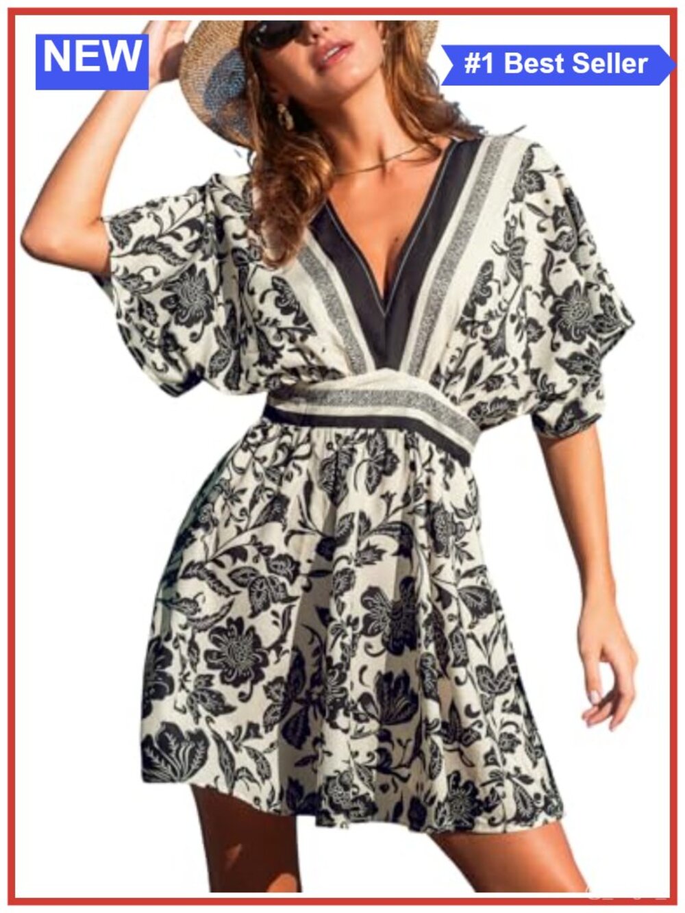 Women's Floral Plunging V Neck Short Sleeve Mini Dress Smocked Casual